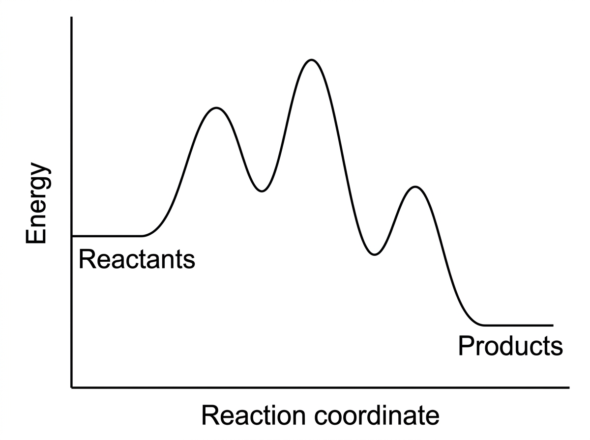 A multistep energy profile with energy on the vertical axis and reaction coordinate on the horizontal axis. The curve has three peaks and two valleys. The second peak has the largest activation-energy barrier measured from the preceding valley. Reactants and final products are labelled only generically, and the two valleys are not labelled.