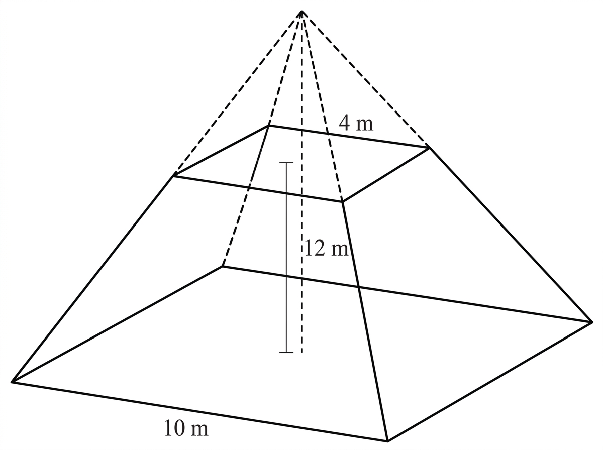 A right square pyramid truncated by a plane parallel to its base, showing the complete vertical height labelled $12\ \text{m}$ from the apex to the base, the base side length $10\ \text{m}$, the top square side length $4\ \text{m}$, and corresponding similar pyramids.