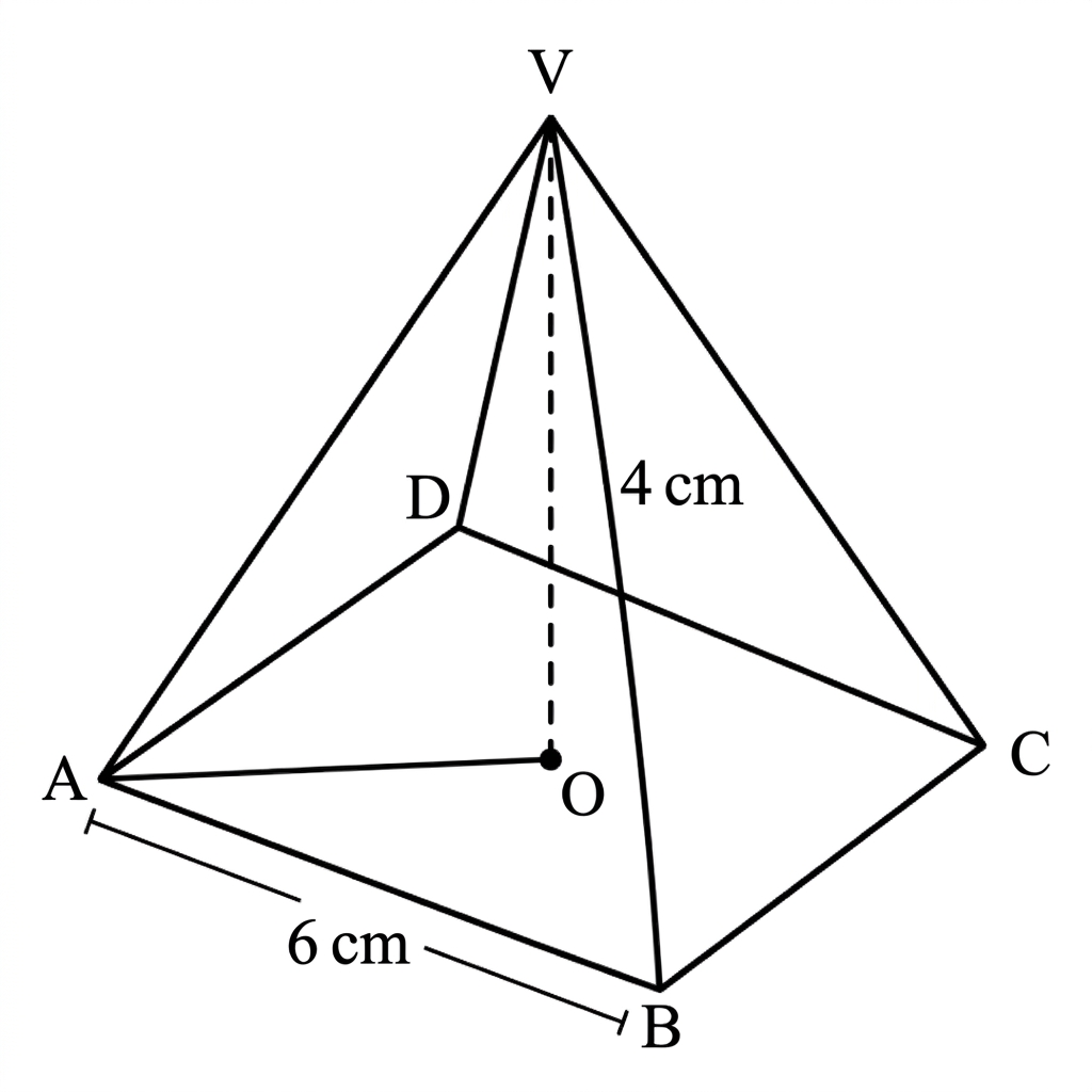 A right square-based pyramid with square base $ABCD$, centre $O$ marked in the base, and vertex $V$ directly above $O$. The base side is labelled $6\text{ cm}$ and the vertical height $VO$ is labelled $4\text{ cm}$. A line from $O$ to one base vertex and a slant edge from $V$ to that vertex are shown.