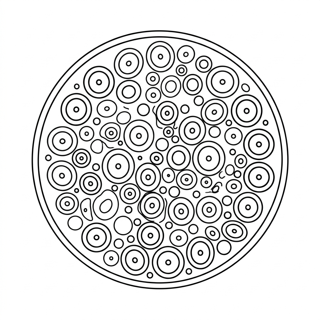 A transverse section of a peripheral nerve showing an outer protective sheath and many nerve fibres inside. Some fibres should be shown with a myelin ring around an axon and others without a thick myelin ring. No labels should be included.