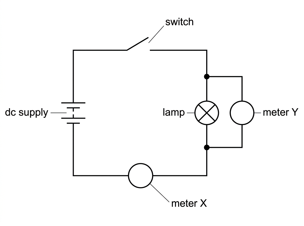 Circuit diagram stimulus showing a dc supply, switch, lamp, ammeter position and voltmeter terminals with two possible meter placements labelled for identification; the intended correct placement must not be highlighted.