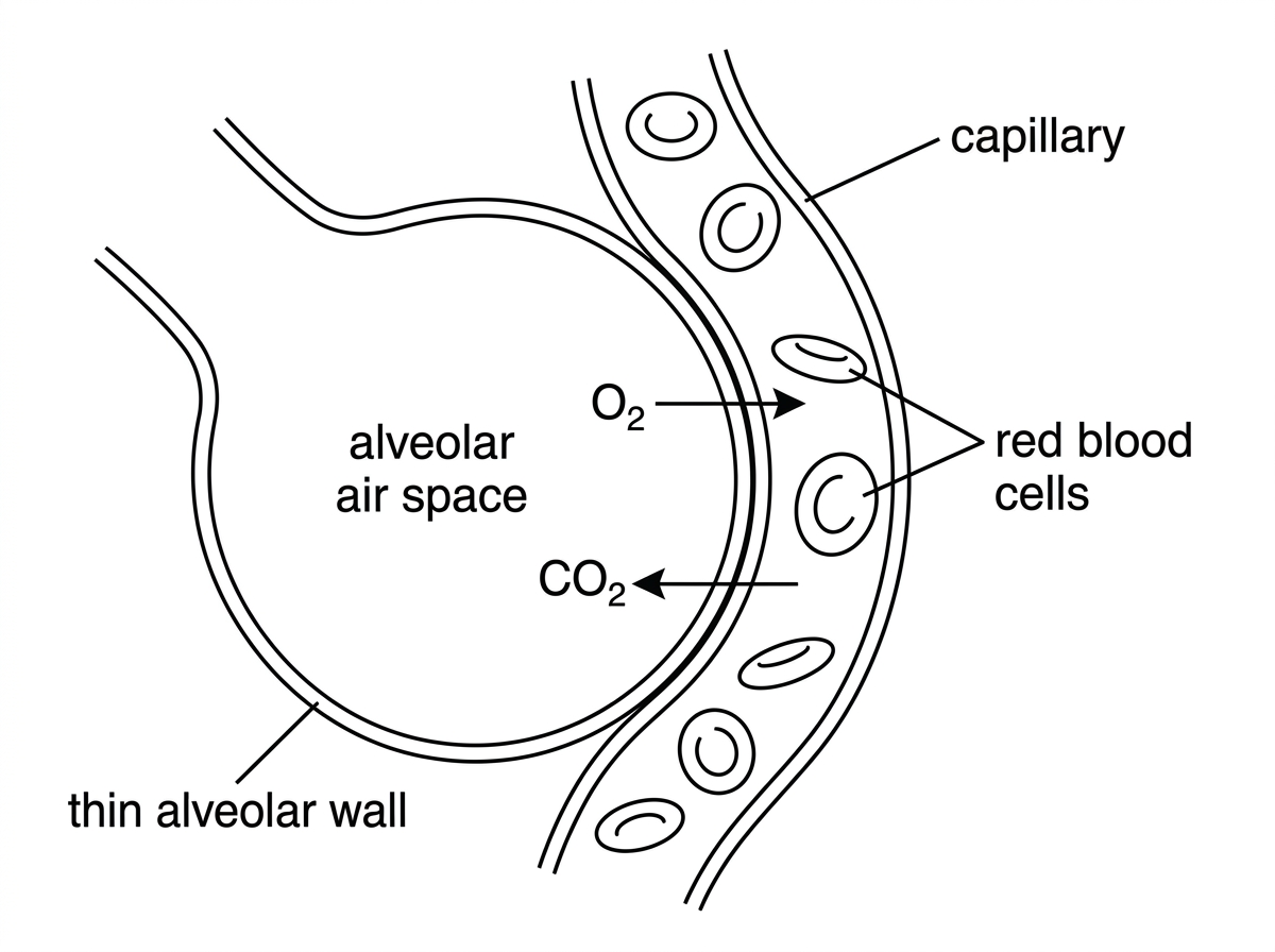 A simple labelled diagram of an alveolus adjacent to a capillary with alveolar air space, thin alveolar wall, capillary and red blood cells indicated; arrows for oxygen and carbon dioxide diffusion may be shown without giving answers in text.