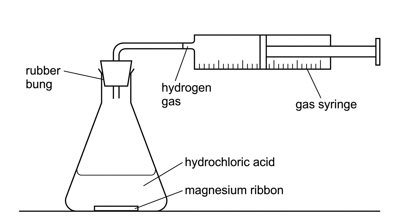 A simple apparatus diagram showing magnesium in a conical flask connected to a gas syringe, with hydrochloric acid in the flask and gas volume measured over time.