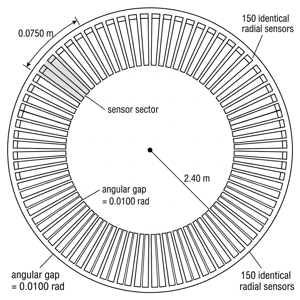 A circular detector divided into many narrow centre-based radial sensor sectors extending from the centre to the outer boundary, separated by equal angular gaps. The outer radius, one sensor outer arc and one angular gap are labelled.