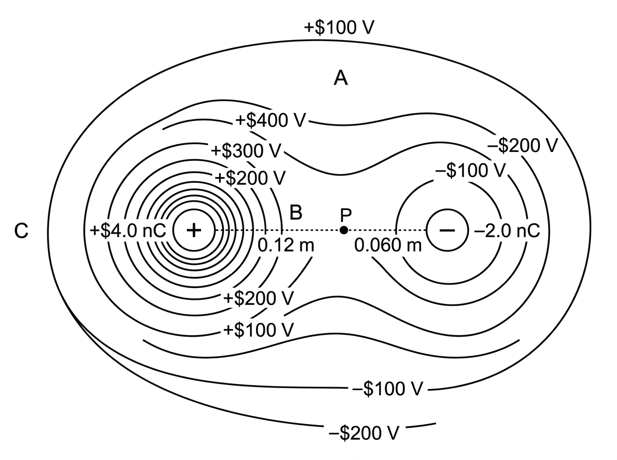 A two-dimensional equipotential map for two point charges of unequal magnitude and opposite sign. The charges are labelled with their charge values. Curved equipotential lines are labelled with potential values and are closer together near the larger-magnitude charge. Point P is marked between the charges with its distances to both charges shown. Regions A, B and C are labelled for comparison of equipotential spacing.