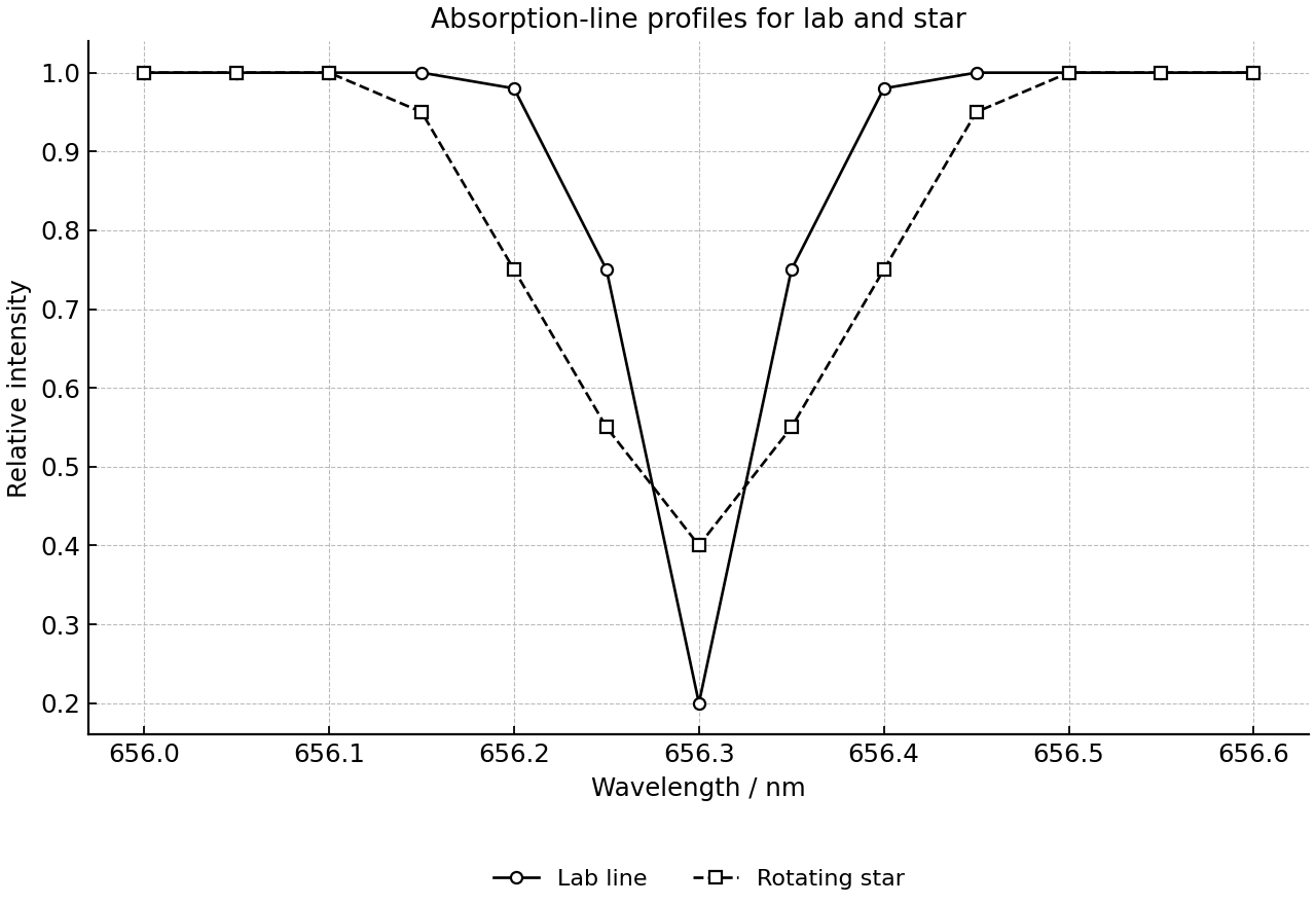 Absorption-line profiles for the laboratory line and a rotating star.