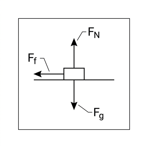 A simple free-body diagram of a car represented by a dot or small rectangle on a plain background. Show a vertical arrow downward labelled $F_g$, a vertical arrow upward labelled $F_N$ of comparable length, and a horizontal arrow to the left labelled $F_f$. The leftward arrow is parallel to the road surface and points toward the centre of the circular path. No separate arrow labelled centripetal force is shown.