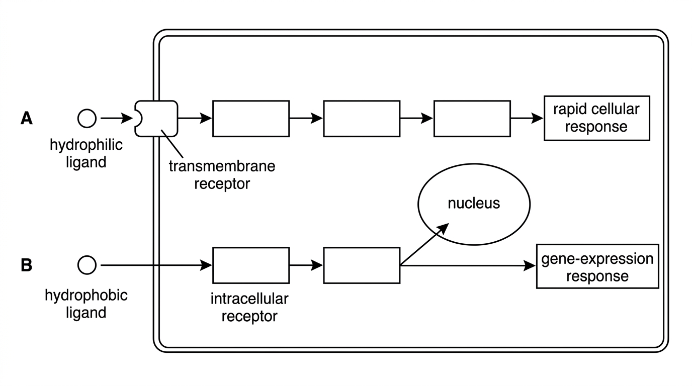 A flowchart with two parallel pathways. Pathway A begins with a hydrophilic ligand outside a cell binding a transmembrane receptor and continues to several blank intracellular steps ending in a rapid cellular response. Pathway B begins with a hydrophobic ligand crossing the membrane and binding an intracellular receptor, followed by movement to or action in the nucleus and a gene-expression response. The flowchart should leave key intermediate labels blank for students to explain.