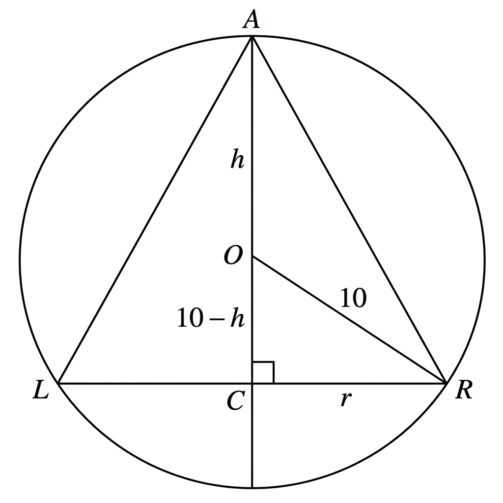 A central cross-section of a right cone inscribed in a sphere, showing the sphere centre, cone height $h$, base radius $r$, and the right triangle used to relate them. The segment from the sphere centre to the base circumference is labelled $|10-h|$.