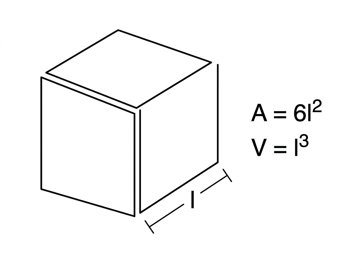 Simple cube model labelled with side length l and formula reminders A = 6l² and V = l³; no calculated answers shown.