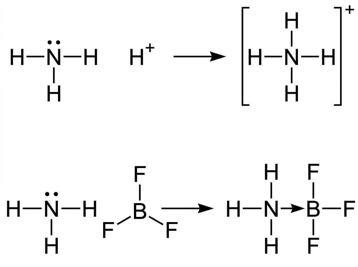 Two displayed Lewis-formula reactions. One shows $NH_3$ reacting with $H^+$ to form $NH_4^+$. The other shows $NH_3$ reacting with $BF_3$ to form an adduct. Lone pairs on nitrogen and the incomplete octet at boron are shown. No acid-base roles are labelled.