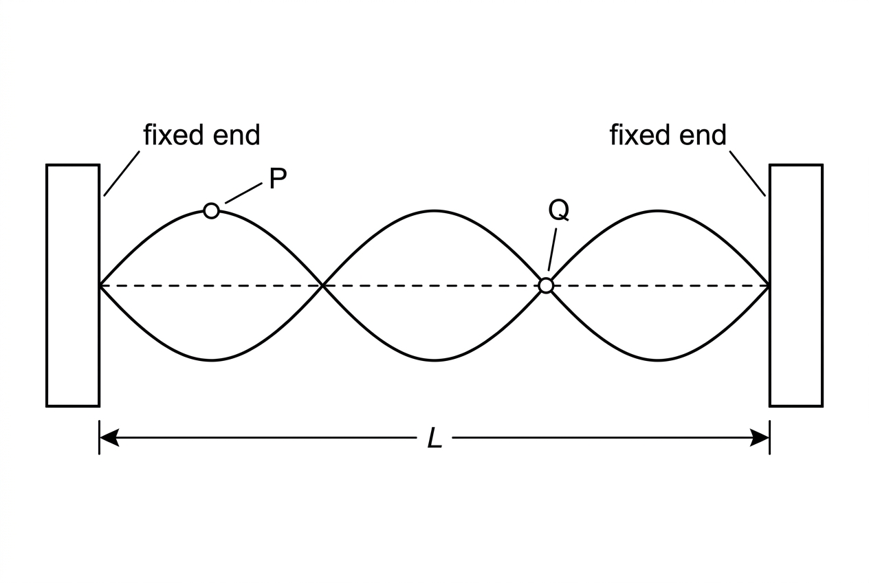 A horizontal string fixed between two rigid supports. The string is shown in a standing-wave pattern with three equal loops between the supports. The supports are labelled fixed end. The length between supports is labelled L. Several points on the string are labelled, including a fixed end, a point at the centre of a loop, and a point at an internal zero-displacement position.