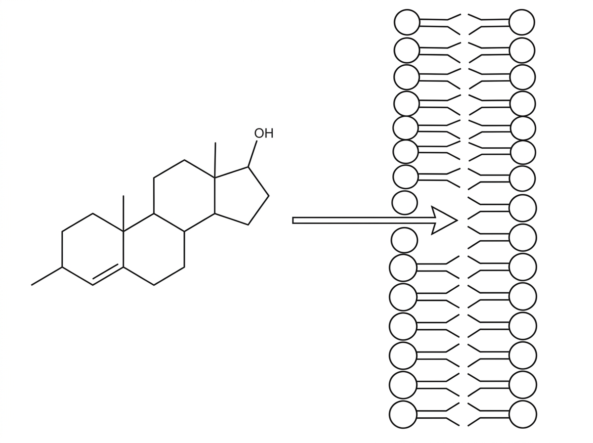 A molecular structure diagram of a steroid hormone with four fused carbon rings, including three six-membered rings and one five-membered ring, with small side groups. A simplified phospholipid bilayer is shown nearby with the hormone moving through it, but the molecule is not labelled as a steroid.