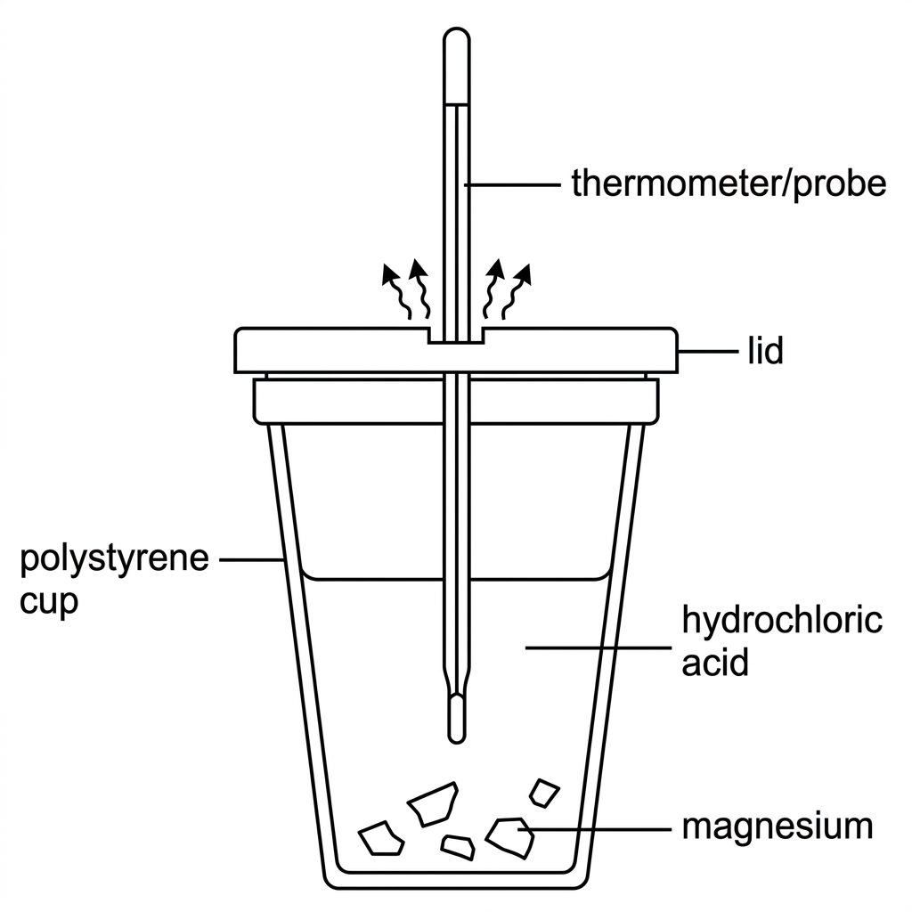 A simple polystyrene cup calorimeter with a lid, thermometer or temperature probe, and reaction mixture. Labels should identify the polystyrene cup, lid, thermometer/probe, and reacting chemicals. The diagram must show that gas can escape but must not include calculated values.