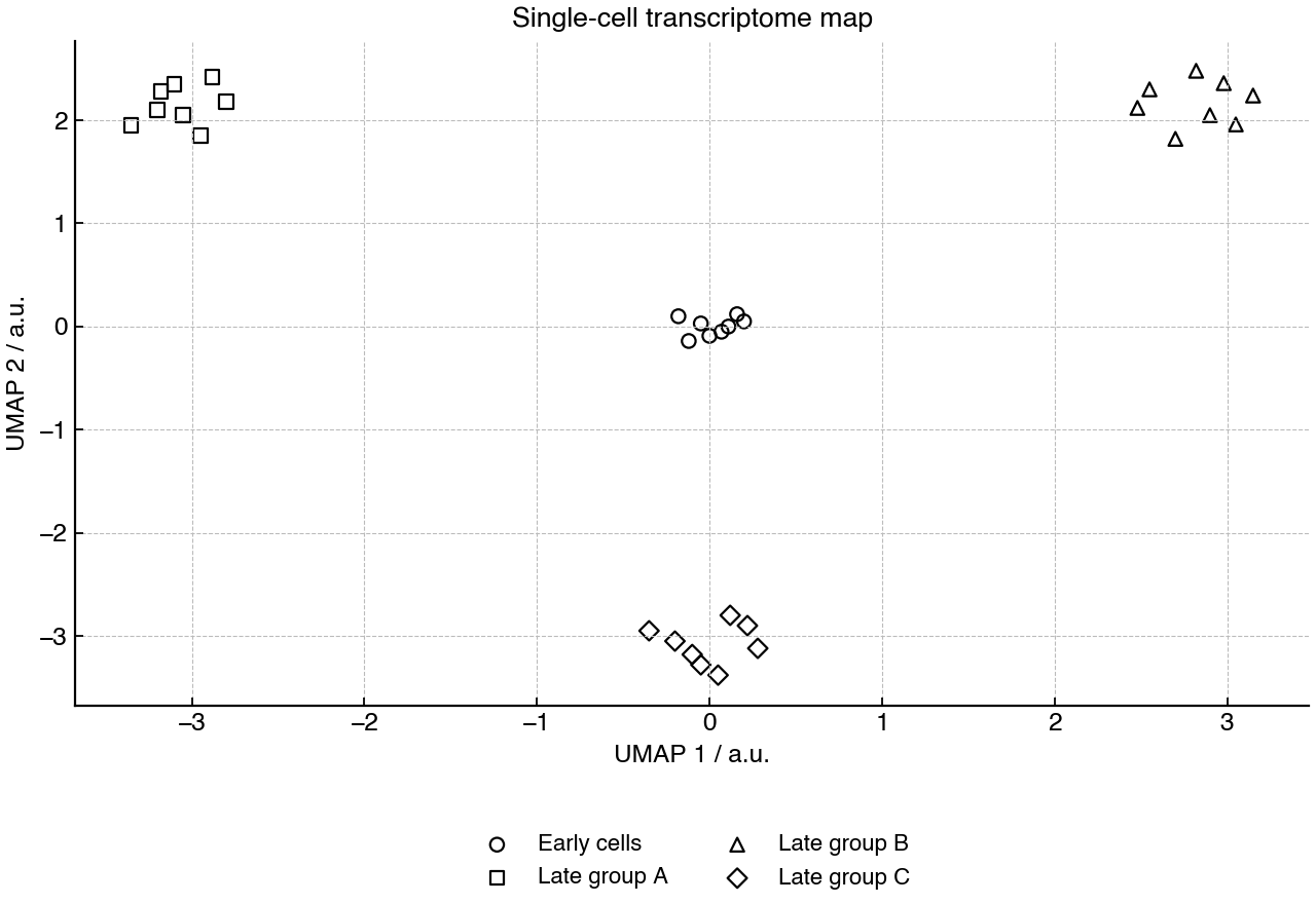 Single-cell transcriptomes plotted by similarity at early and late stages.