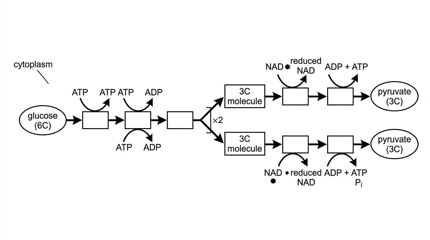 A flowchart of glycolysis in the cytoplasm showing one six-carbon glucose molecule entering a sequence of enzyme-catalysed steps, early ATP investment, splitting into two three-carbon molecules, reduction of NAD, ATP formation, and production of two pyruvate molecules. Use generic labels and arrows only; do not label the stages as phosphorylation, lysis, oxidation or ATP formation.