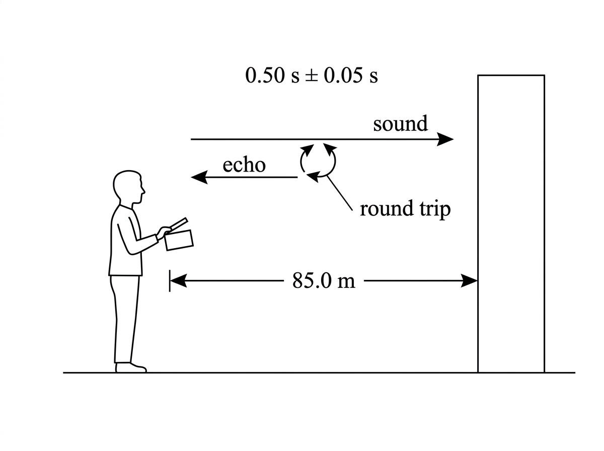 A person with a clapper standing a measured distance from a large flat wall. The outgoing sound path and reflected echo path are shown with arrows. The total sound path is indicated as a round trip.
