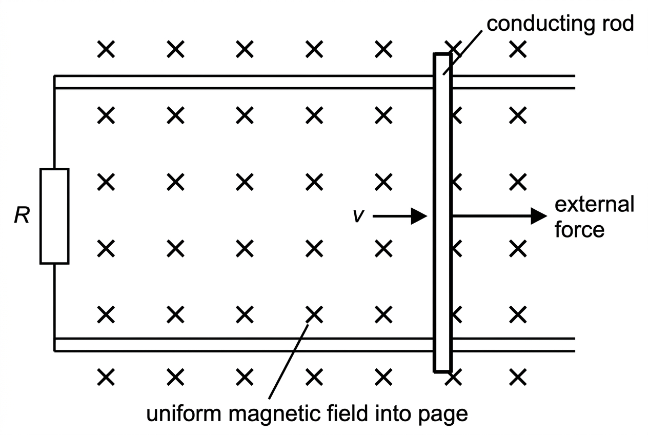 Diagram of a rod sliding on rails through a uniform magnetic field perpendicular to the rail plane, with a resistor completing the circuit and an external pulling force shown.