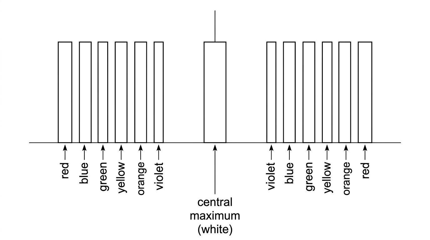 Symmetric diffraction grating pattern for white light: central white maximum and first-order spectra on both sides, with colours dispersed from violet/blue closer to centre to red farther out; no exact angles.