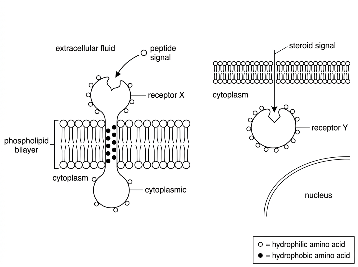 A comparative diagram showing receptor X spanning a phospholipid bilayer with extracellular ligand-binding region, membrane-spanning region and cytoplasmic region, and receptor Y as a soluble protein in the cytoplasm or nucleus. Use shading or symbols to indicate hydrophilic and hydrophobic amino acid regions without providing explanatory text that answers the question.