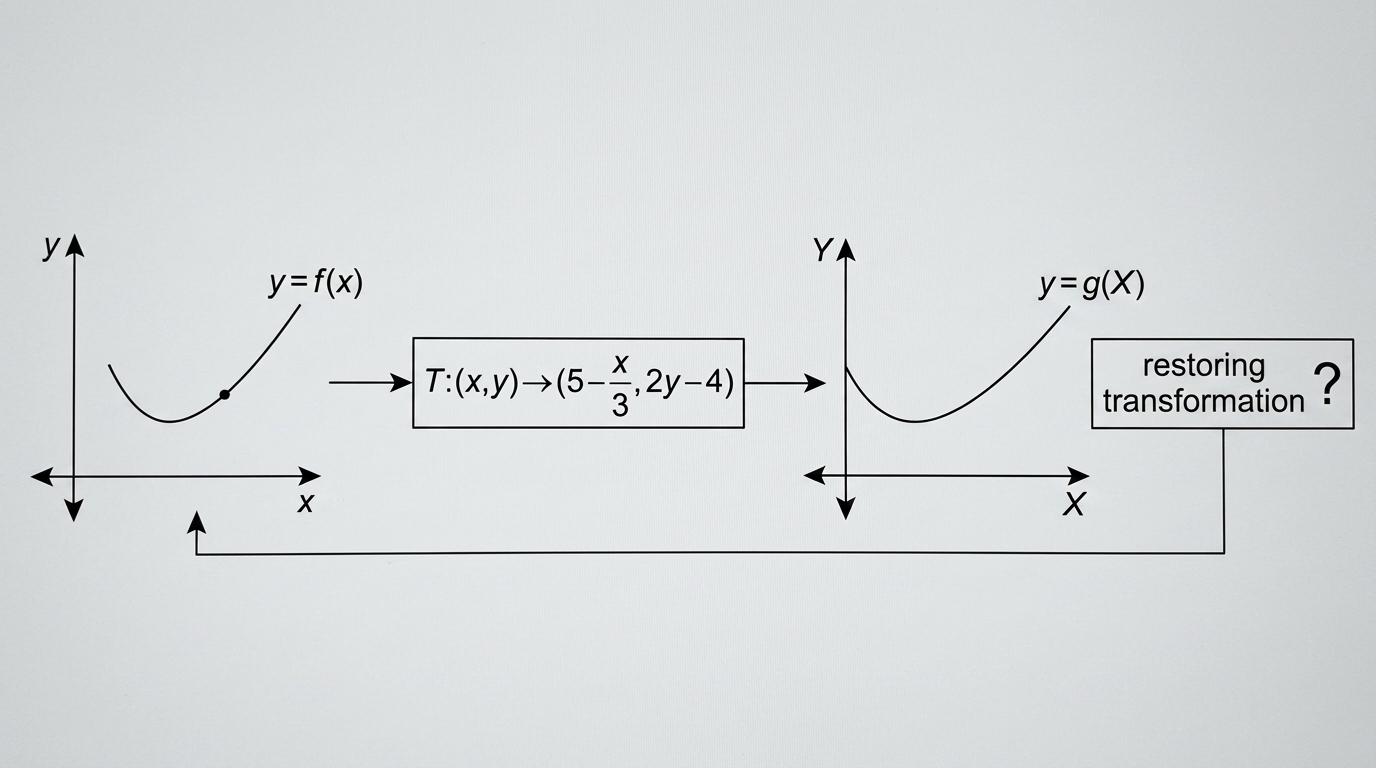 Transformation flowchart showing an original curve, the coordinate transformation T, and an unknown restoring transformation returning to the original curve.