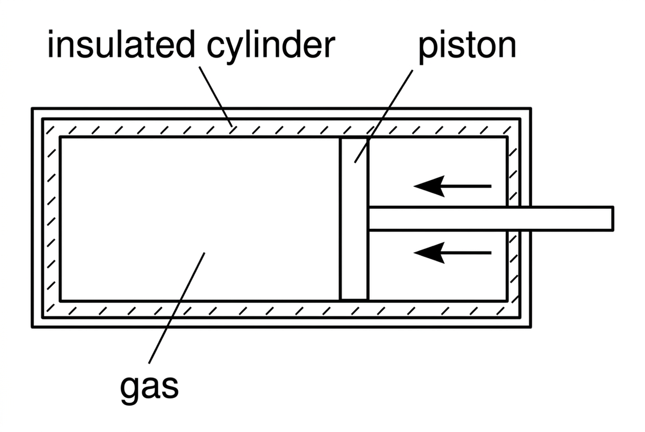 Diagram of an insulated cylinder with a movable piston compressing a fixed mass of gas; arrows show piston motion inward, with no numerical data.