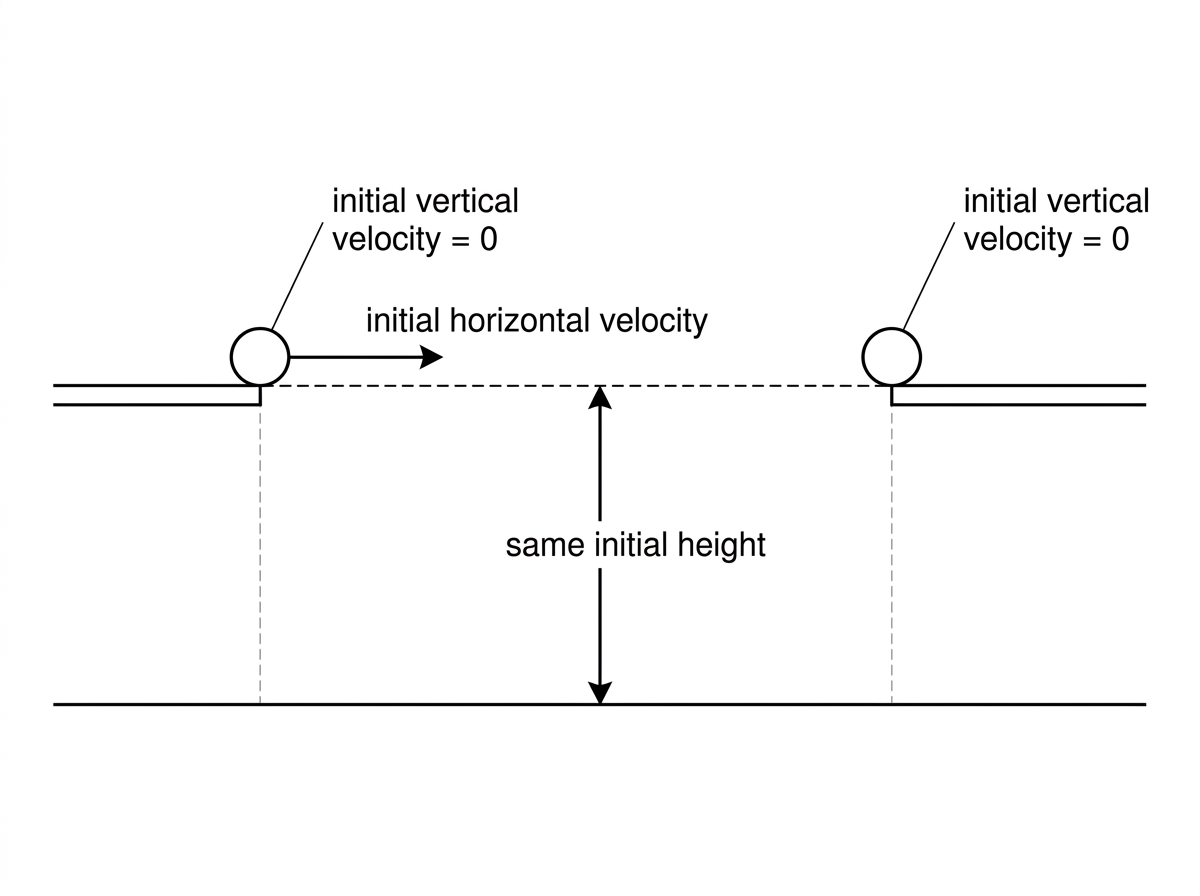 Side-by-side diagram showing one ball launched horizontally from a platform and one ball dropped vertically from the same height at the same instant. Labels should identify equal initial heights, horizontal initial velocity for one ball, and no initial vertical velocity for both.