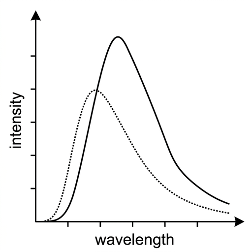 A graph with vertical axis labelled intensity and horizontal axis labelled wavelength. Include a dotted black-body spectrum curve as a reference. Draw the solid curve with a higher maximum than the dotted curve but with its peak shifted to a longer wavelength. Keep styling, axes and curve thickness comparable with the other options.