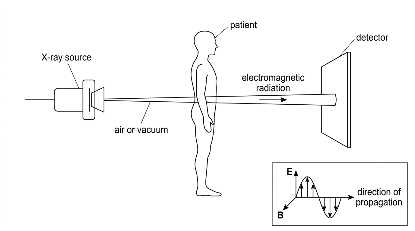 Simplified medical X-ray arrangement showing an X-ray tube, a patient, and a detector in a straight line. The X-ray beam is labelled as electromagnetic radiation. A small inset shows the relative orientation of electric field, magnetic field and direction of propagation for a transverse electromagnetic wave.