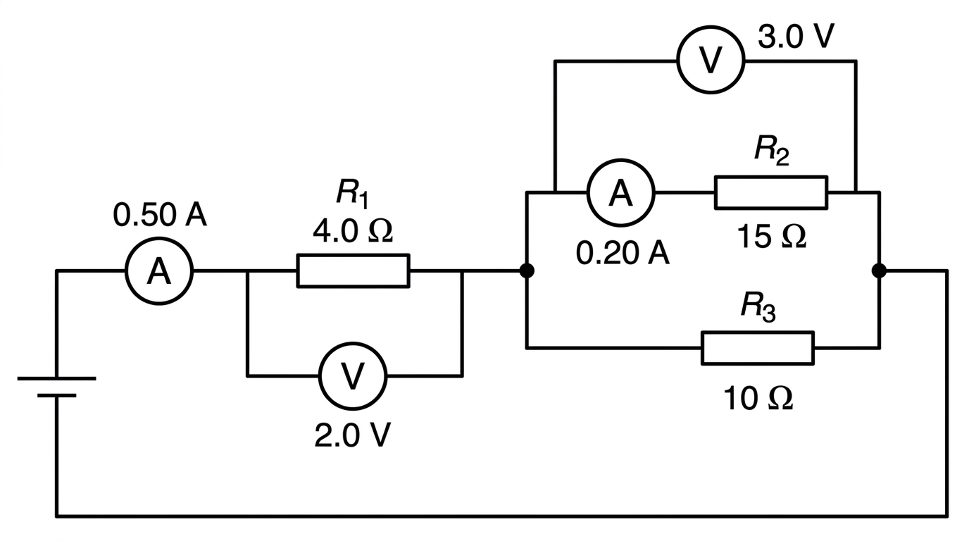 An annotated circuit diagram with a dc cell connected to a series resistor followed by a junction splitting into two parallel resistors. The diagram includes ideal ammeters in the main branch and in one parallel branch, and ideal voltmeters across selected components. Resistor labels and some meter readings are shown, but one branch current and one potential difference are left for students to infer.