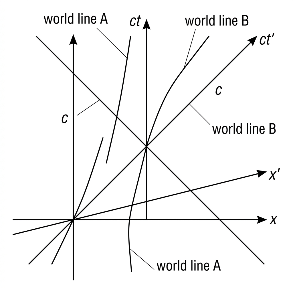 Spacetime diagram with x and ct axes, photon lines, and tilted x′ and ct′ axes; includes example straight world lines but no numerical calibration.