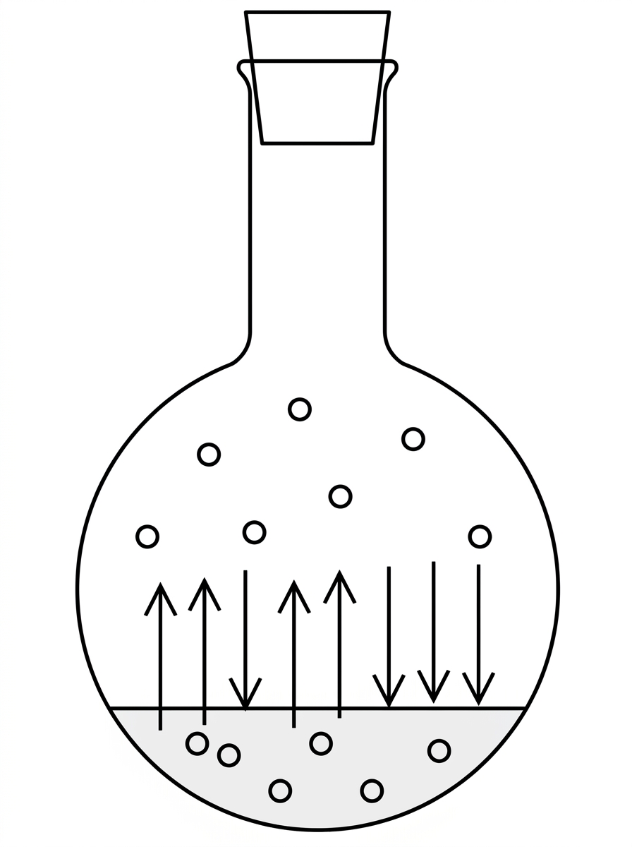 A sealed flask containing a small layer of liquid at the bottom and coloured vapour above it. The diagram should show particles moving between liquid and vapour with arrows in both directions, but should not label the rates or state that equilibrium has been reached.