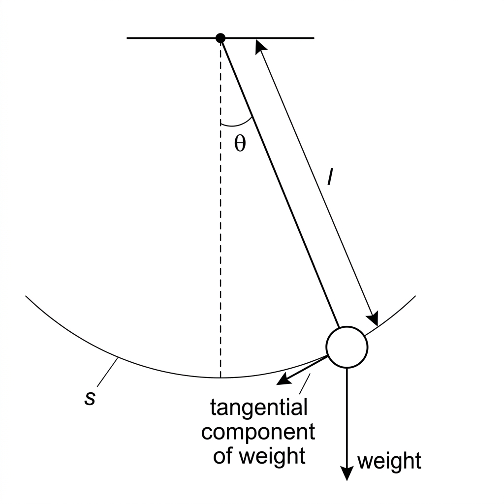 A simple pendulum with length l, bob, angular displacement theta, arc displacement and tangential restoring component of weight labelled.