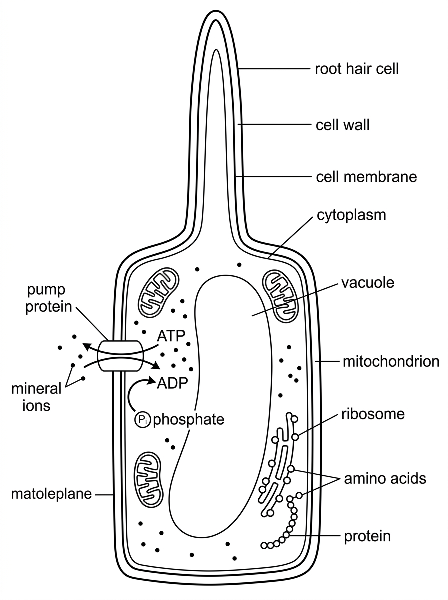 A diagram of a root hair cell showing a membrane pump moving mineral ions from a lower external concentration to a higher internal concentration, ribosomes producing protein from amino acids, and mitochondria near regions of high ATP demand. Labels must include ATP, ADP and phosphate but not show answers to the explanatory parts.