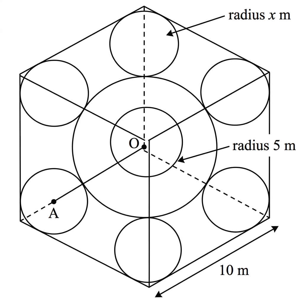 A cube containing one central sphere, shown with a single visible outer boundary, and eight identical corner spheres. The centres and a body diagonal from a corner-sphere centre to the central-sphere centre are indicated. The radius label 5 m points to the outer boundary of the central sphere.