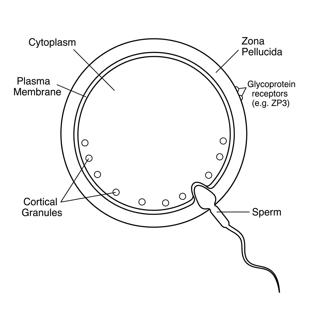 A labelled diagram of a human egg cell showing abundant cytoplasm, plasma membrane, cortical granules near the membrane, zona pellucida surrounding the cell, and sperm approaching the zona pellucida. The diagram should not show the cortical reaction or its outcome.