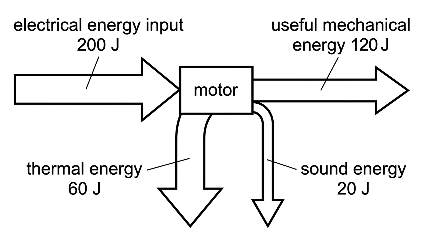 Sankey diagram for an electric motor with a labelled electrical energy input, a useful mechanical output arrow and wasted branches to heating and sound; arrow widths and energy labels shown.