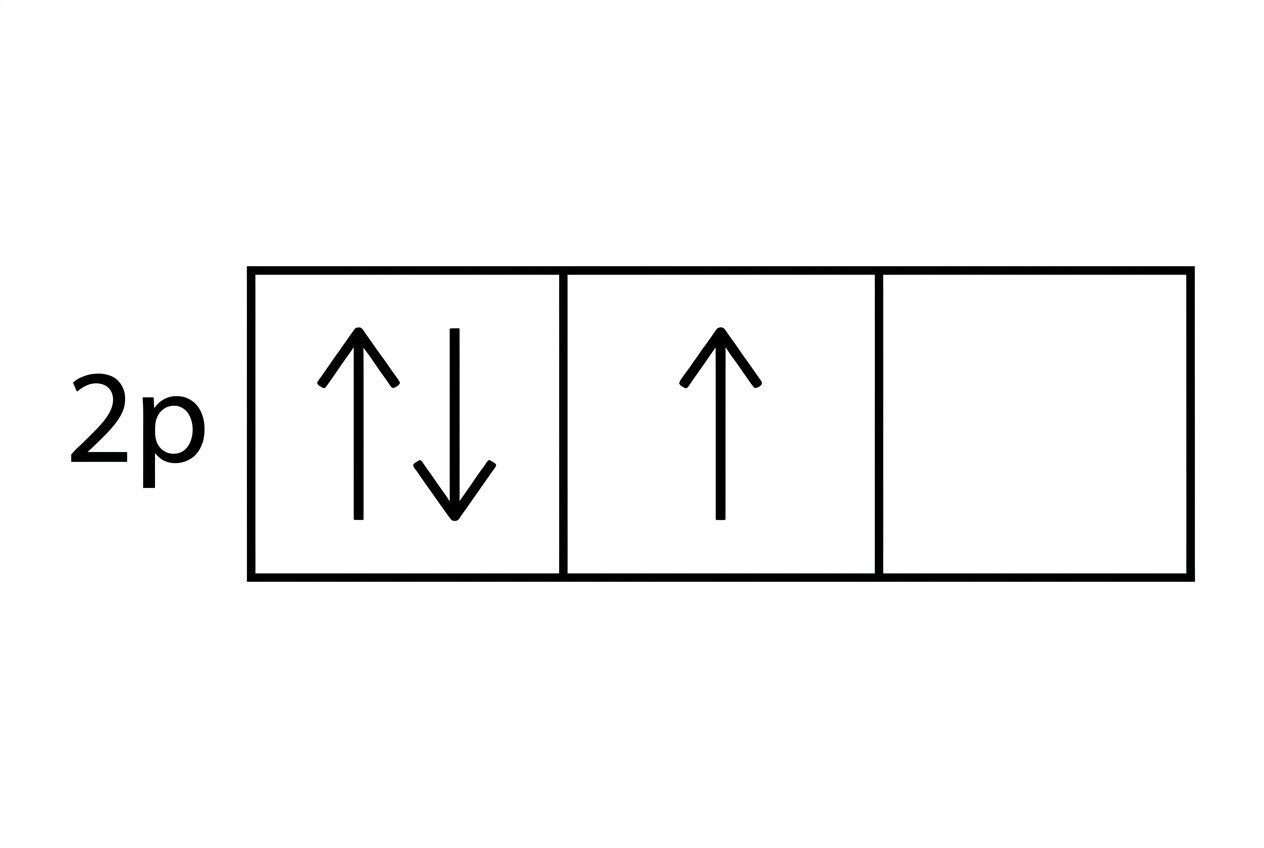Arrow-in-box diagram showing three degenerate 2p boxes with an incorrect 2p³ occupancy: one paired box, one singly occupied box and one empty box.