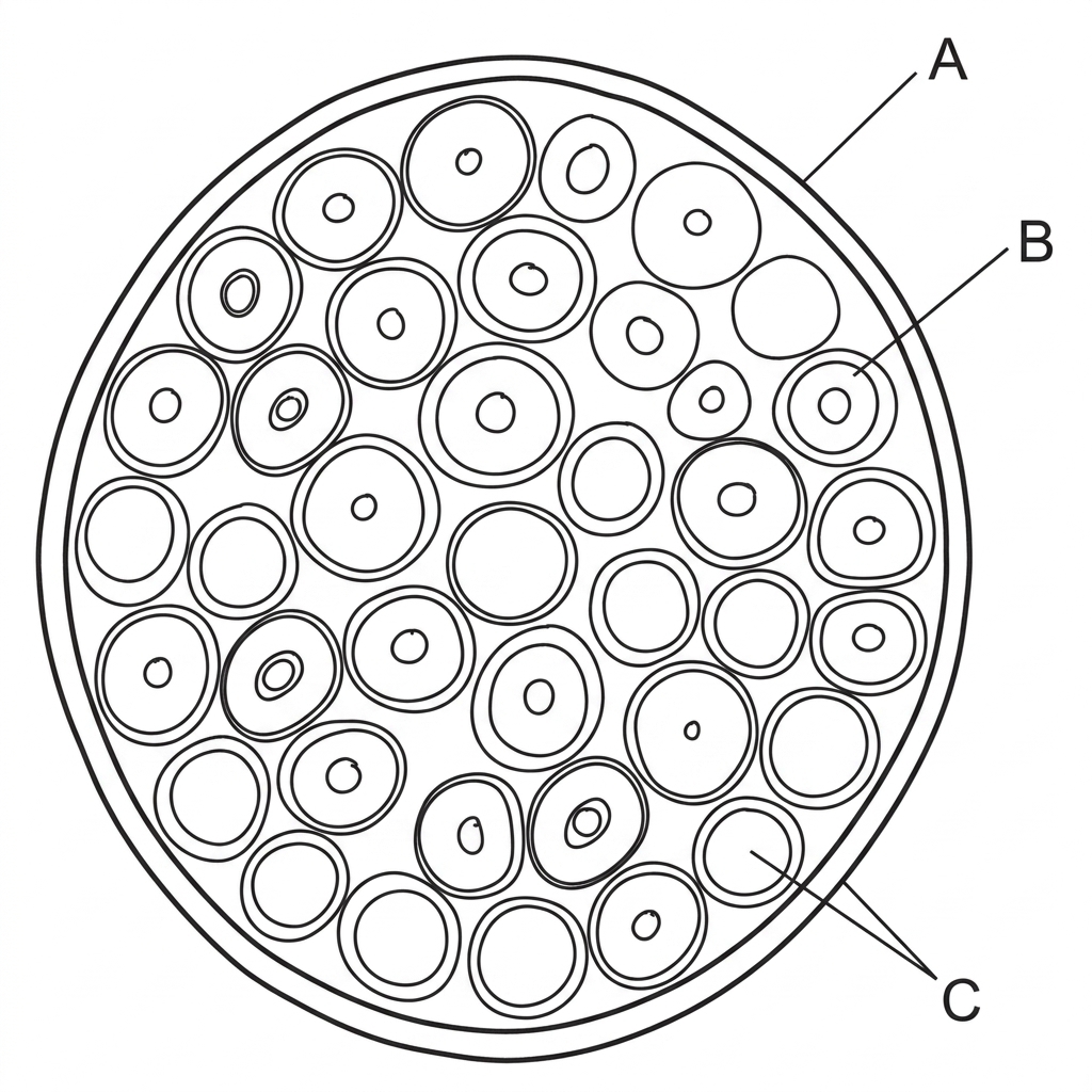 An annotated micrograph-style drawing of a transverse section of a peripheral nerve. It shows an outer protective sheath surrounding many circular nerve fibres. Several fibres have a thick ring of myelin around a central axon, while others lack a thick myelin ring. Labels A, B and C point respectively to the outer sheath, a myelinated fibre and an unmyelinated fibre, without naming them.