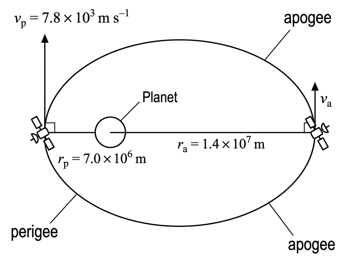 Diagram of an elliptical orbit with the planet at one focus. The satellite is shown at perigee and apogee. Radius vectors from the planet to the satellite at both positions are labelled. Tangential velocity arrows at perigee and apogee are shown, with the perigee arrow longer than the apogee arrow.