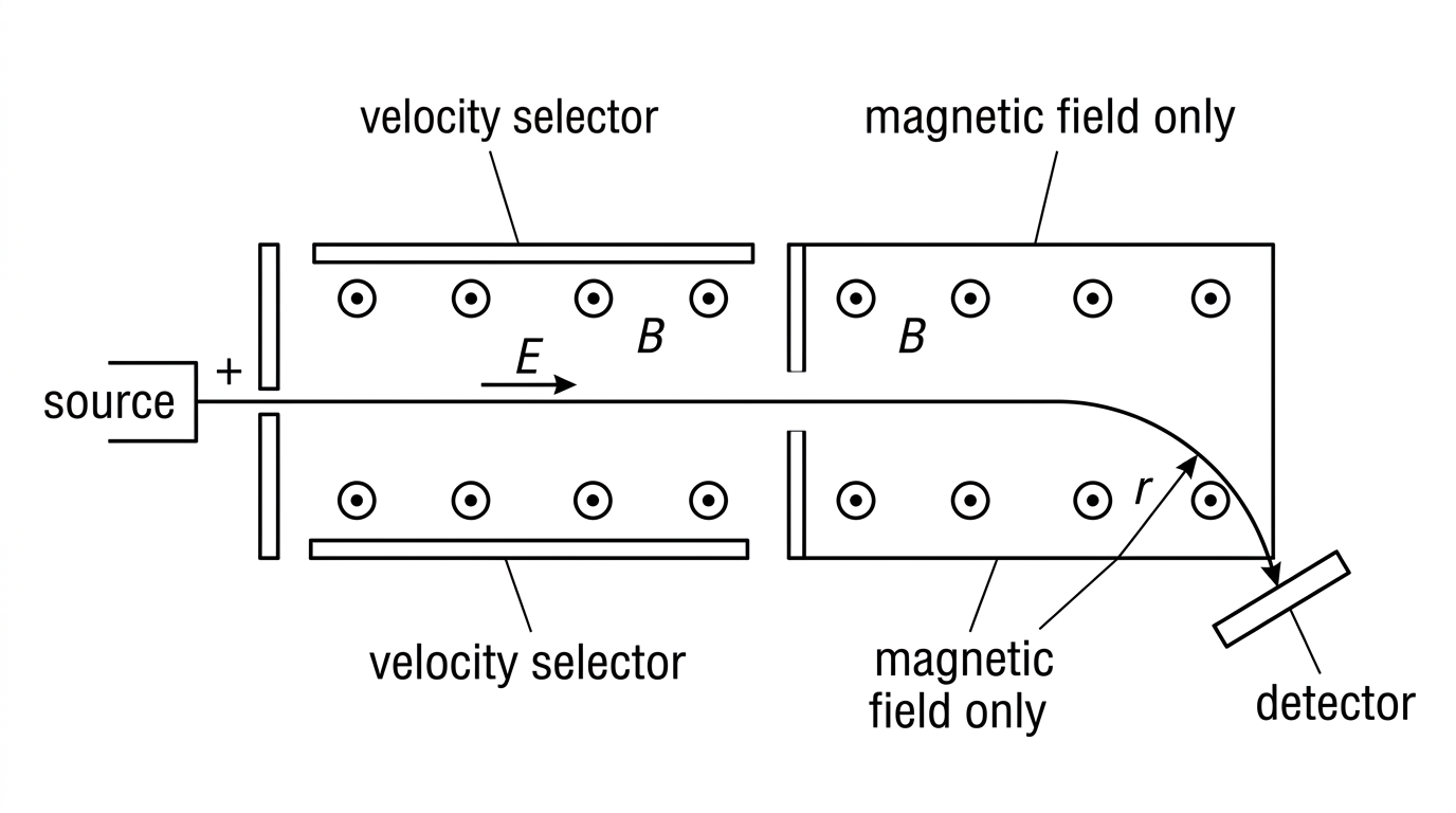 Schematic of a Bainbridge-type mass spectrometer. In the velocity selector, positive ions move right through crossed fields with the electric field upward and the magnetic field out of the page so that the forces cancel and the beam remains straight. The ions then enter a magnetic-field-only region where they curve toward a detector. The diagram labels the two regions symbolically but does not include numerical values or the final answer.