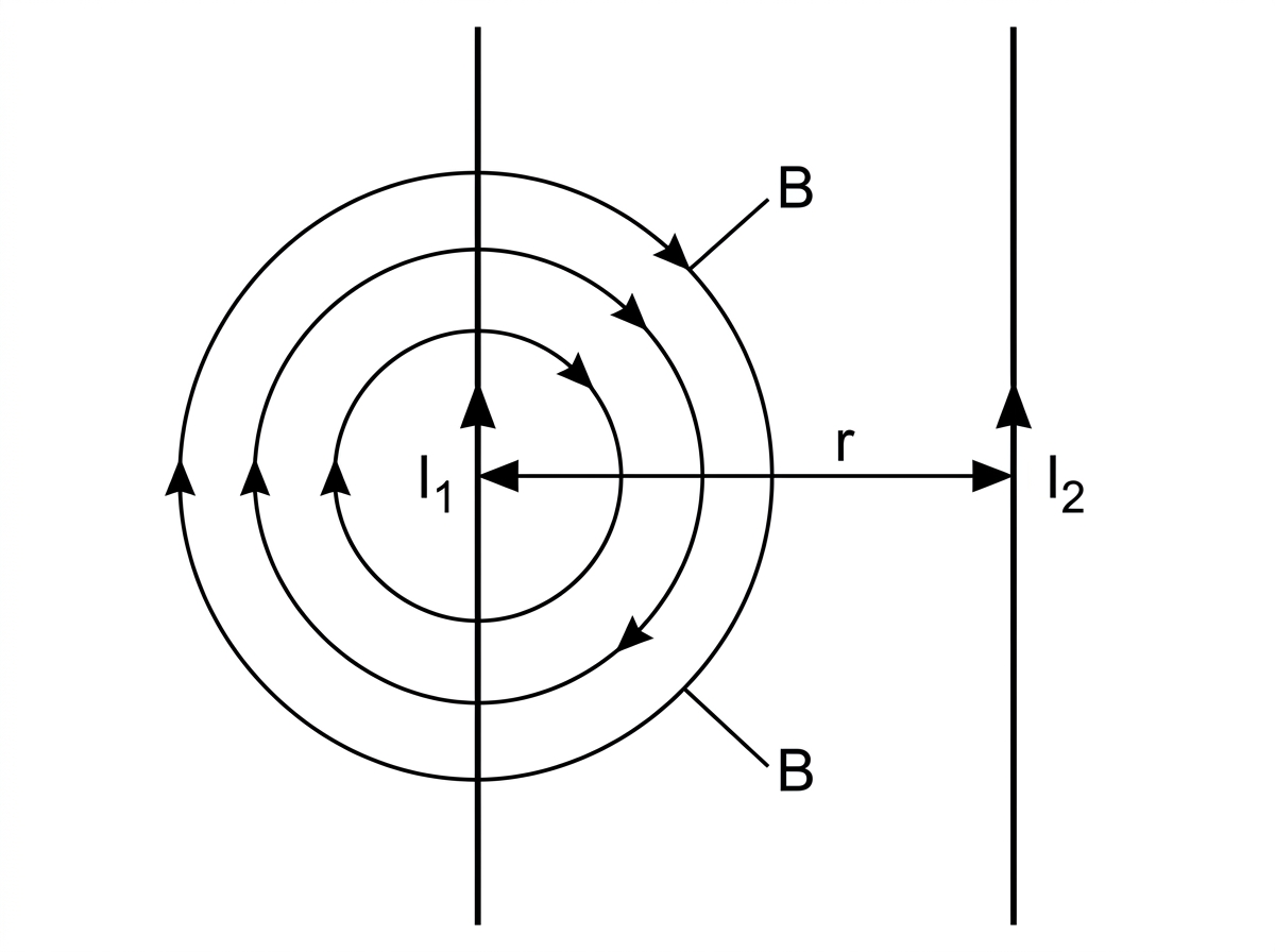 Two long parallel wires with current arrows, separation labelled r, and circular magnetic field lines around one wire indicated with direction arrows.