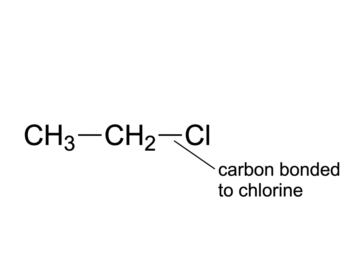 An annotated black-and-white structural diagram of chloroethane and the hydroxide ion before reaction. The carbon bonded to chlorine is labelled, chlorine is shown as more electronegative than carbon, and the hydroxide ion $OH^-$ is drawn with an oxygen lone pair. Do not show curly arrows, product structures, or a positive charge on the carbon.
