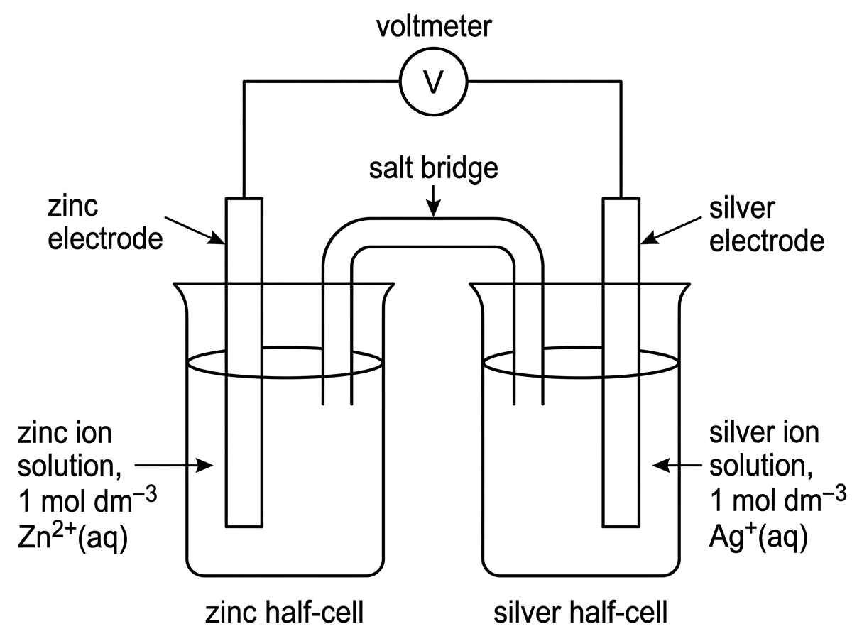 A labelled voltaic cell diagram showing a zinc electrode in zinc ion solution and a silver electrode in silver ion solution, connected by an external wire with a voltmeter and by a salt bridge. The diagram labels the two half-cells, electrodes, solutions and salt bridge but does not indicate electron flow or electrode polarity.