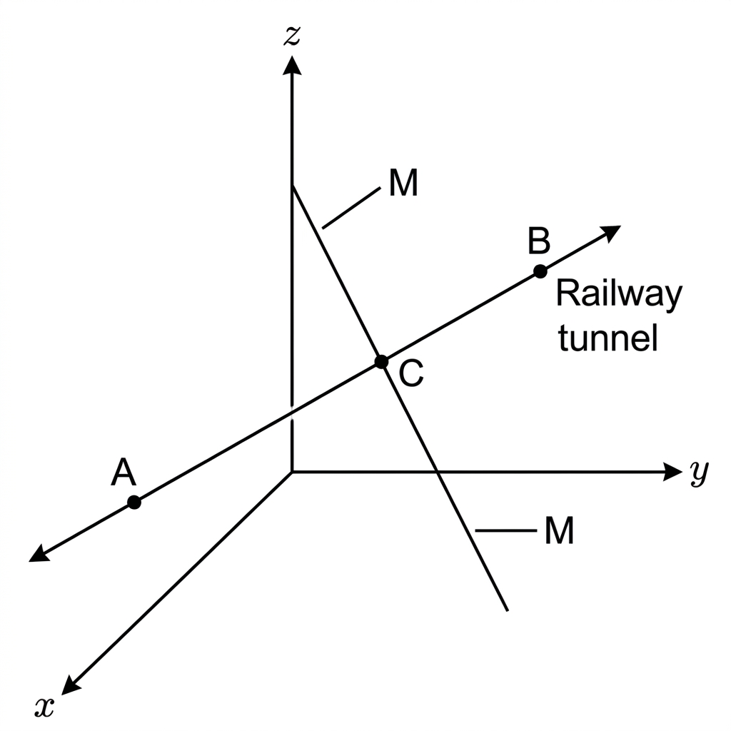 A perspective diagram showing the railway tunnel through labelled points A, B and C, with A, then B, then C in that order along the tunnel, and the maintenance shaft M meeting the tunnel at C, without displaying coordinates or calculated angles.