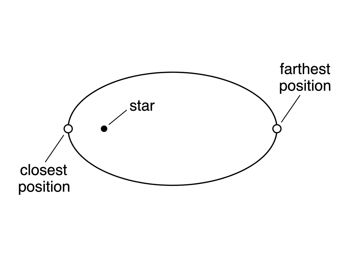An elliptical orbit with the star at one focus, and the closest and farthest positions of the planet labelled.