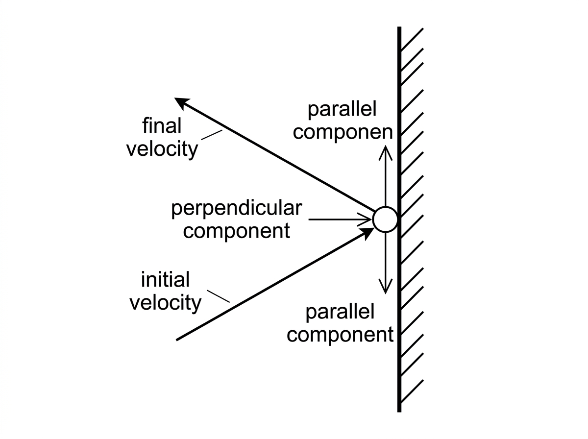 Molecule approaching and rebounding from a flat wall, with velocity components parallel and perpendicular to the wall indicated qualitatively.