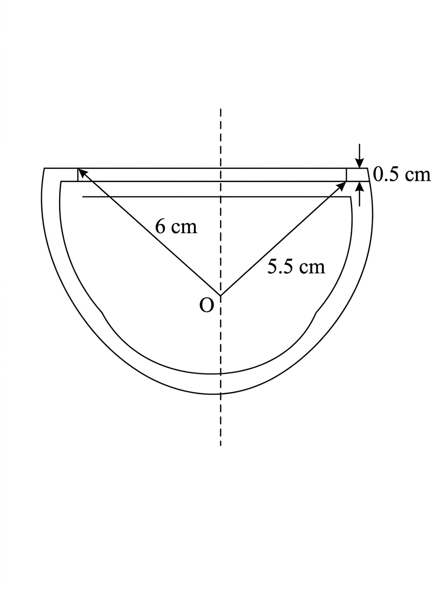 A cross-section of an open hemispherical bowl showing the outer and inner radii, uniform wall thickness and exposed annular rim.