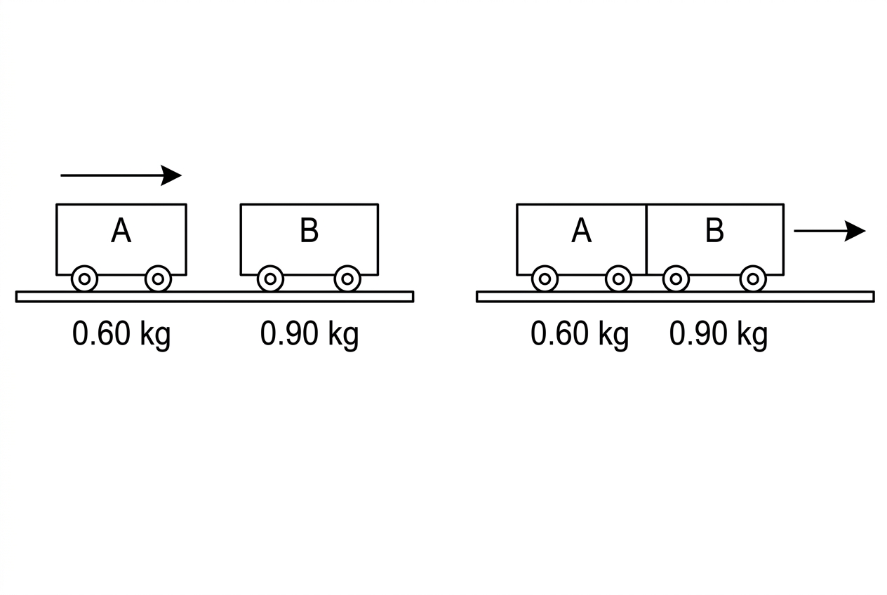 Two dynamics carts on a horizontal track before collision. Cart A is to the left moving toward cart B, which is stationary. A second small panel shows the two carts joined after collision moving to the right. No numerical working is shown.