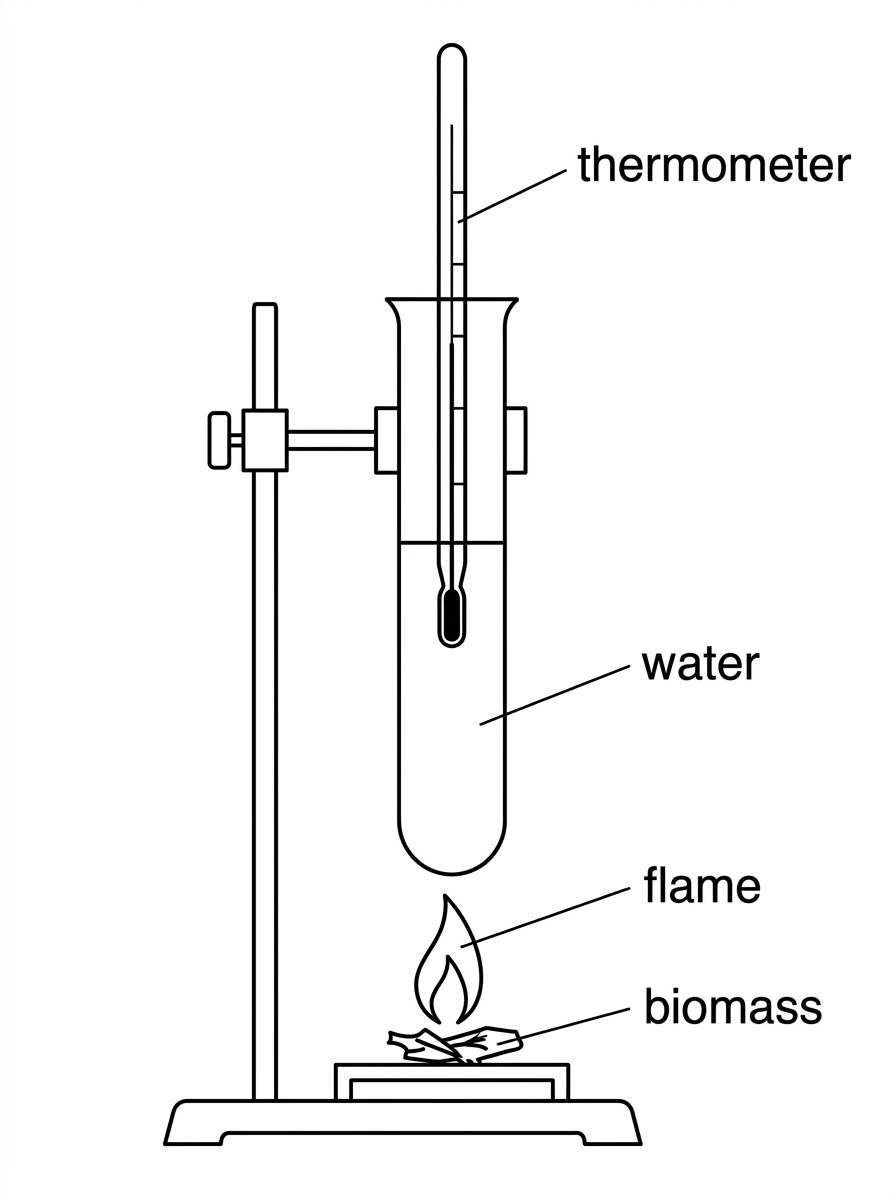 A simple calorimetry apparatus with dry biomass burning beneath a water-filled tube or boiling tube, a thermometer in the water, and labels for biomass, water, flame and thermometer.